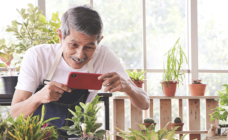 Senhor idoso tirando foto de suas plantas com o celular.