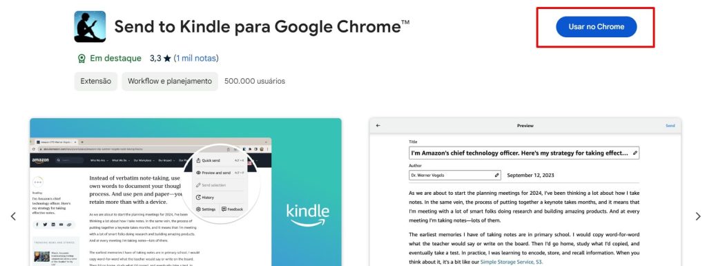 Como enviar documentos para o Kindle pelo Google Chrome passo 1.
