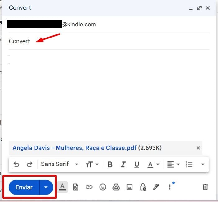 Como enviar documentos para o Kindle por e-mail passo 5.