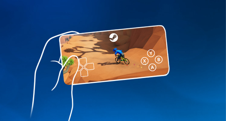 Desenho de uma mão segurando um celular que está rodando um jogo pelo Steam Link.