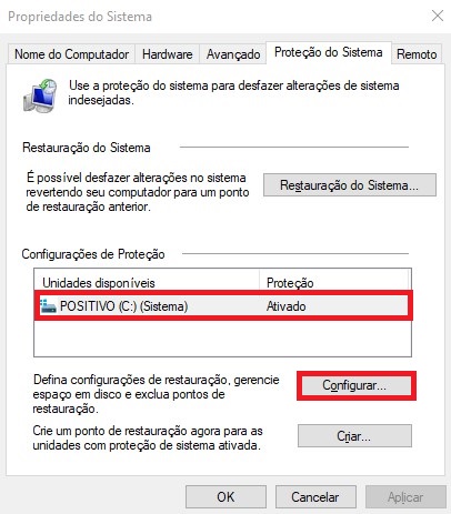 Como criar um ponto de restauração no Windows 10 passo 2