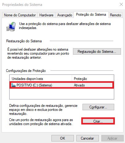 Como criar um ponto de restauração no Windows 10 passo 4