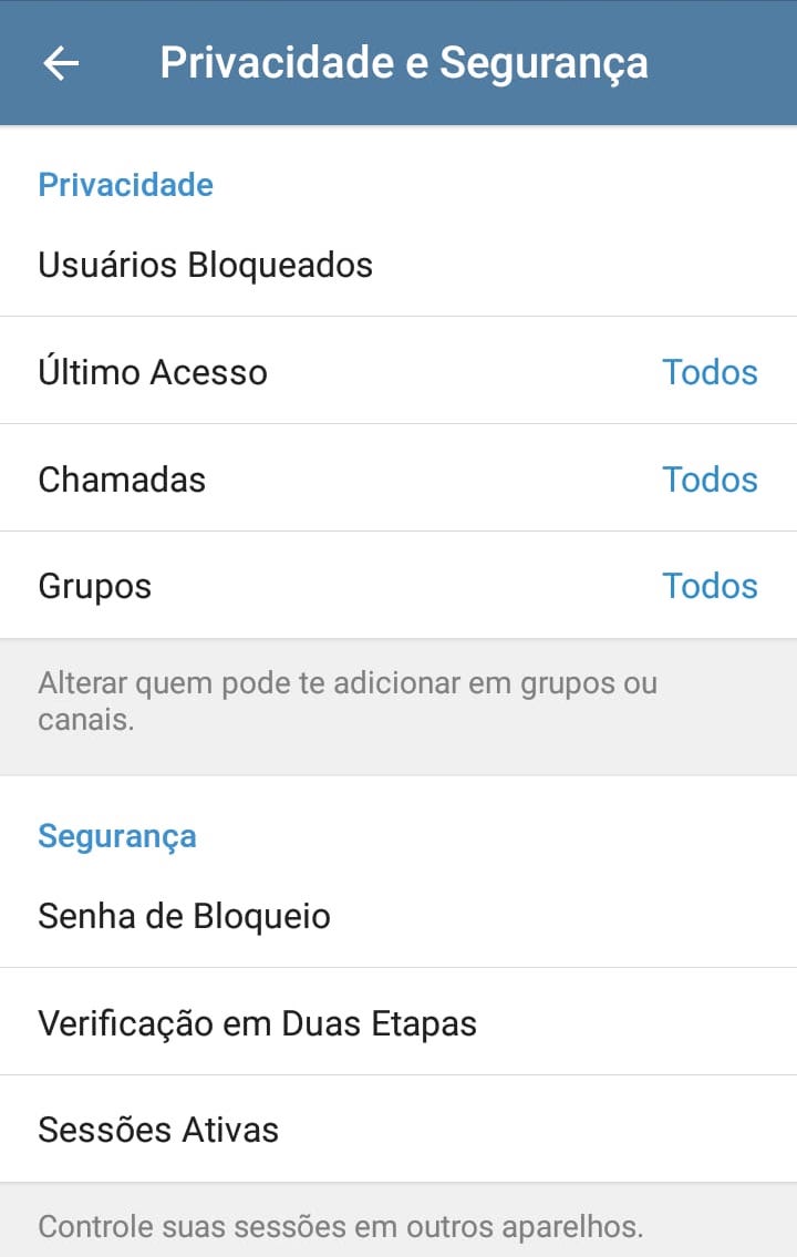 demonstração da proteção do Telegram por senha