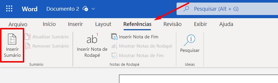 como adicionar sumário em um documento do Microsoft Word