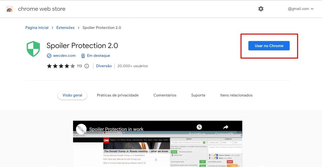 como ativar a extensão Spoiler Protection 2.0 no Google Chrome passo 1