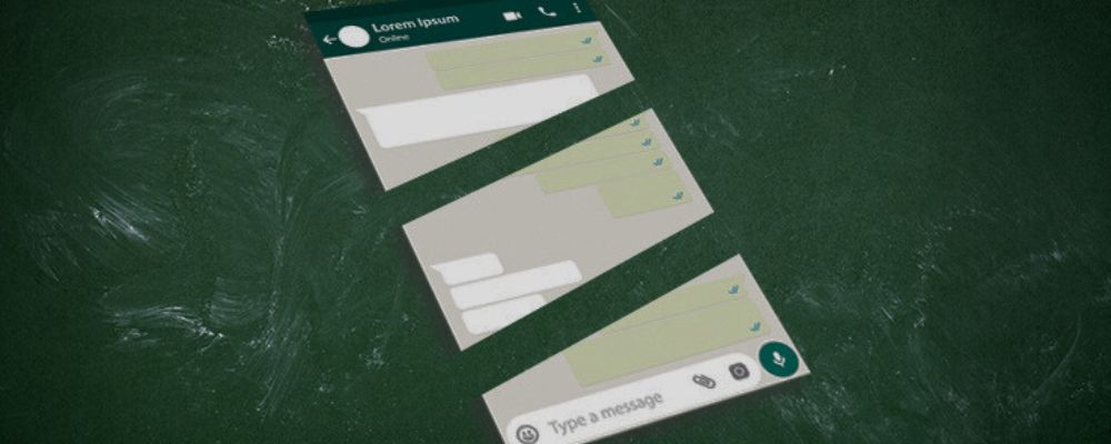 Tela do WhatsApp fragmentada, representando as mensagens apagadas.