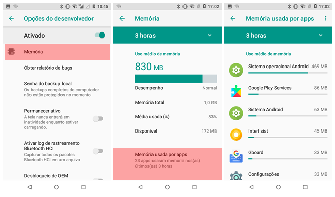 Toque em “Memória”, em seguida é apresentado o “Uso médio de memória”. Toque em “Memória usada por apps” para visualizar quais Apps estão utilizando mais a memória do aparelho.