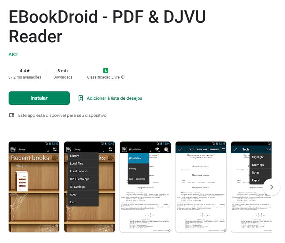EBookDroid, aplicativo para ler livros