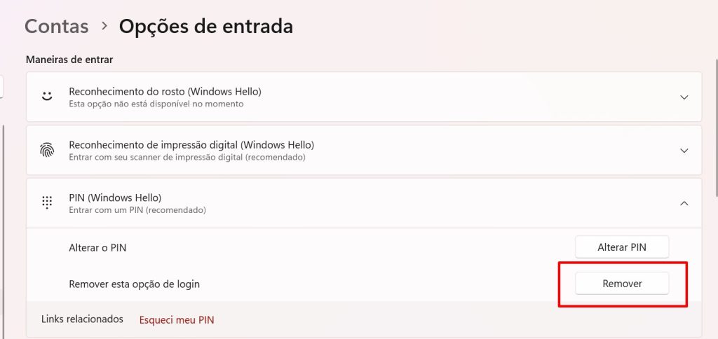 Como remover a senha de segurança e o PIN do Windows 10 passo 4.