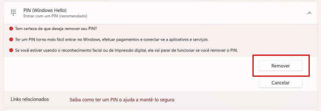 Como remover a senha de segurança e o PIN do Windows 10 passo 5.