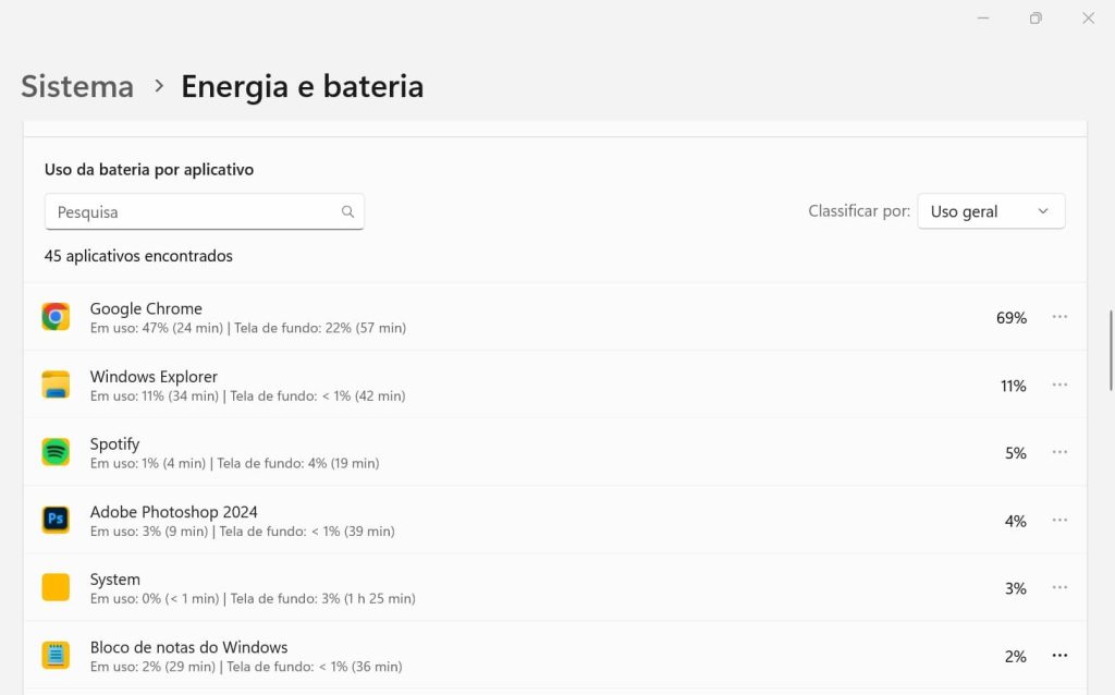 Como saber quais aplicativos mais consomem bateria no Windows.