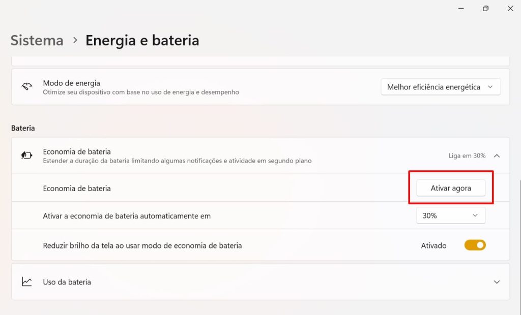 Como ativar o modo deo Economia de Bateria no Windows.