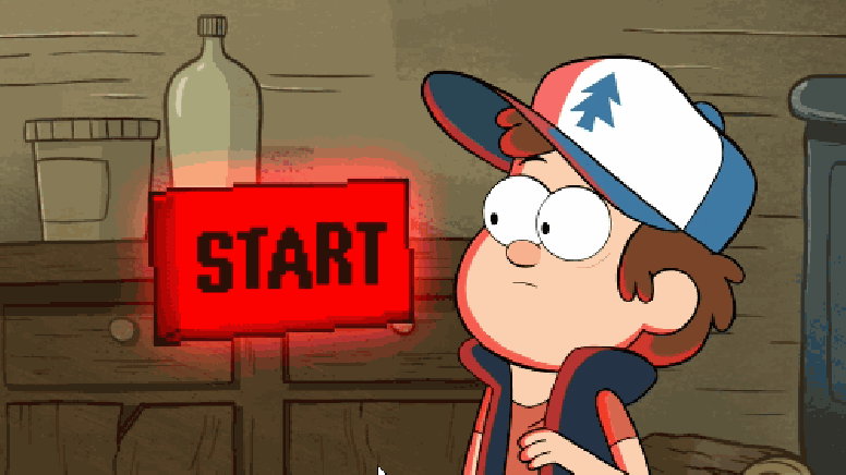 Dipper, do desenho Gravity Falls, apertando um botão vermelho escrito "start".
