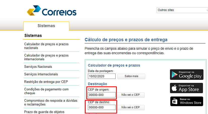 Como calcular o frete de encomenda nacional via Correios passo 2