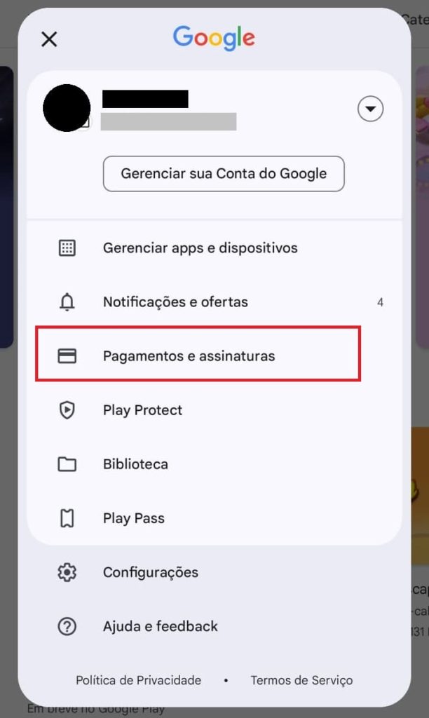 Como remover um cartão de crédito do Google Play passo 3.