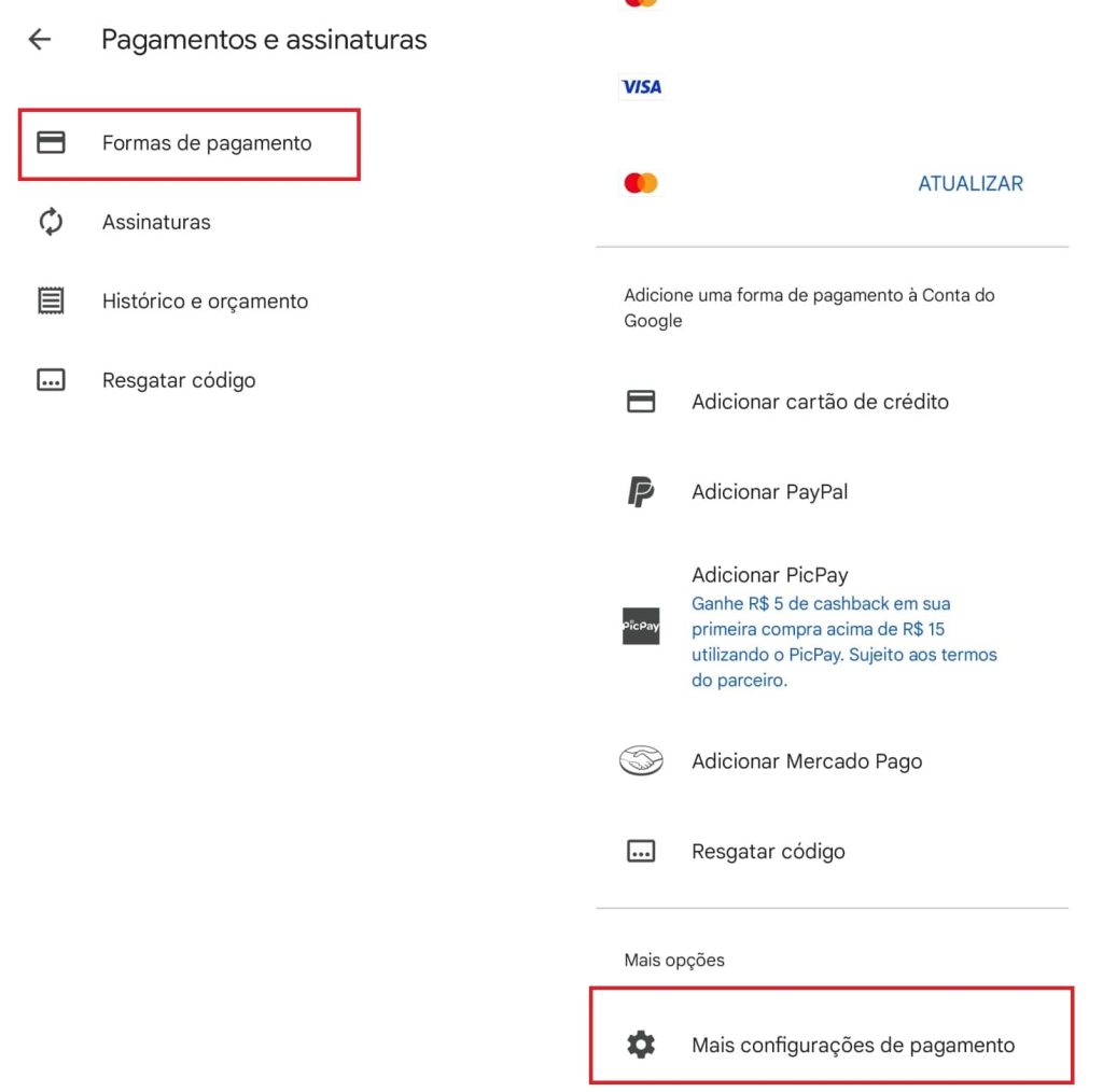 Como remover um cartão de crédito do Google Play passo 4.