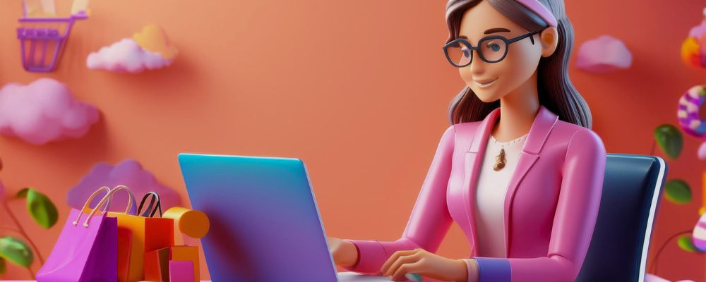 Mulher comprando online pelo seu notebook com algumas sacolas em cima de sua mesa.