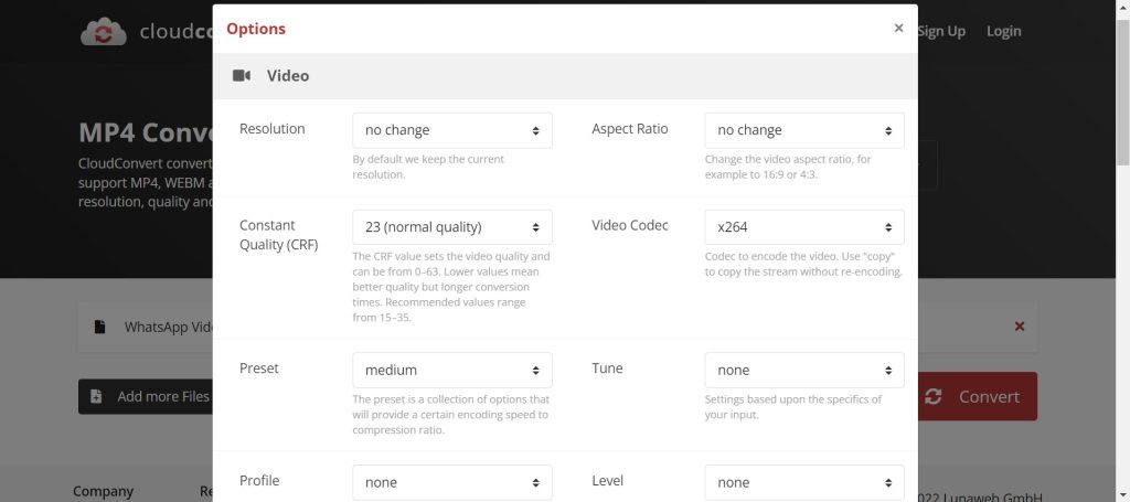 como comprimir vídeos no CloudConvert passo 4