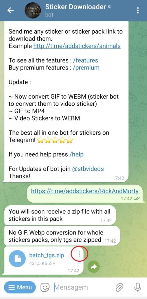 Como transferir figurinhas do Telegram para o WhatsApp passo 5