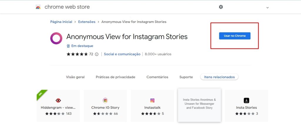 como ver stories de forma anônima pelo chrome passo 2