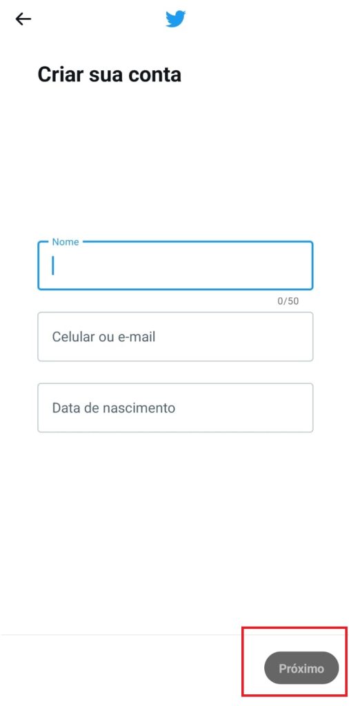como criar uma conta no Twitter passo 3
