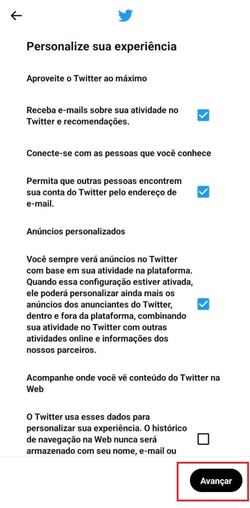 como criar uma conta no Twitter passo 4