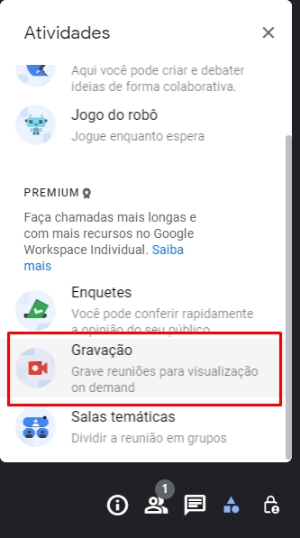 como gravar reunião no Google Meet passo 2