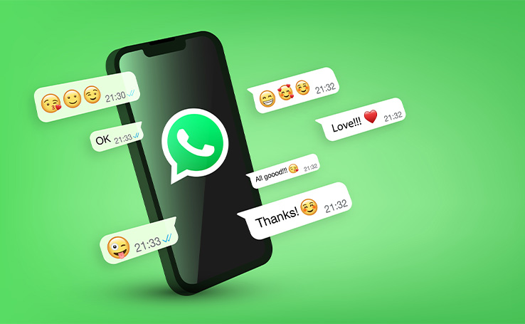 celular com o logo do whatsapp e vários balões com reações de mensagens