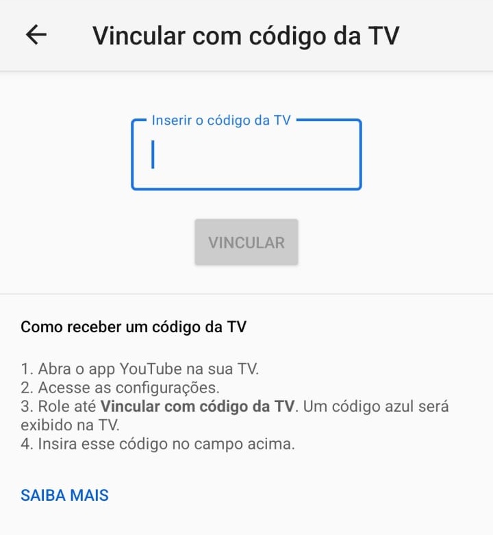 como vincular o YouTube do celular com a TV por meio de um código