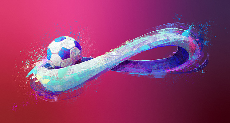 desenho de uma bola de futebol dentro do símbolo do infinito em um fundo roxo