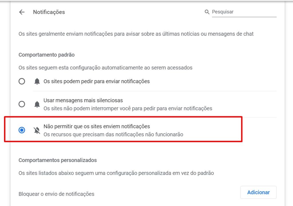 como desativar notificações passo 3