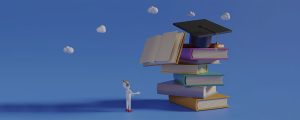 ilustração 3D de uma pilha de livros com um chapéu de formatura em seu topo, ao lado tem um bonequinho branco usando fones de ouvido enquanto contempla a pilha de livros, representando as tendências da educação em 2024
