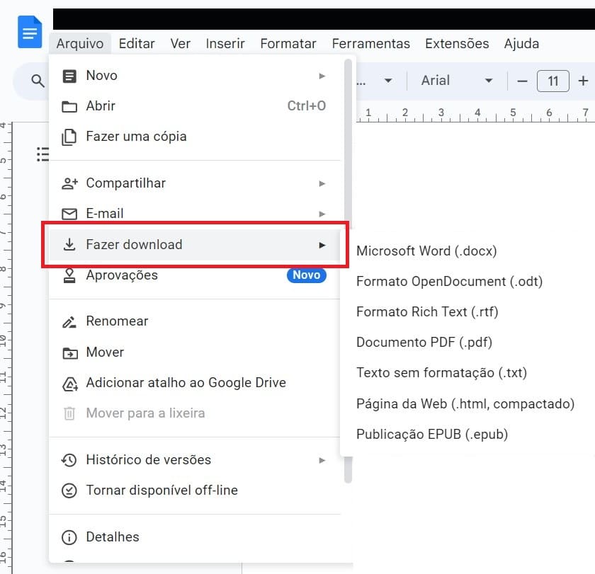 Como baixar arquivos do Google Docs em formato Word.