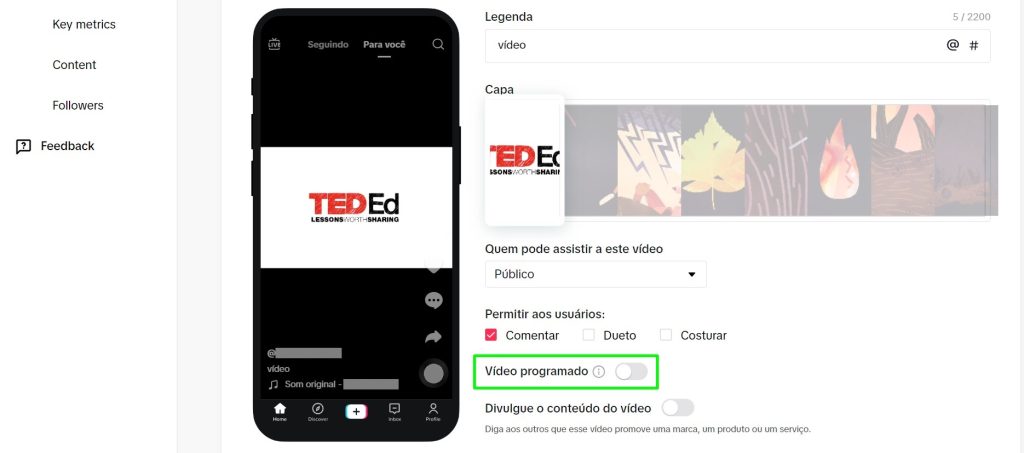 como agendar um post no TikTok passo 5