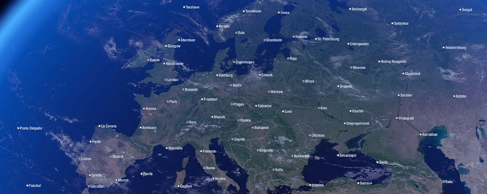 continente visto de longe com os nomes dos países pelo Google Earth