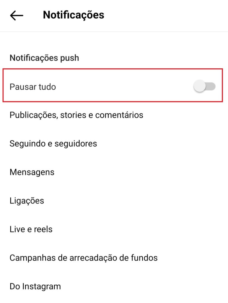 Como desativar notificações do Instagram passo 2.2