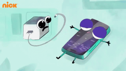 ilustração de um carregador plugando em um celular que estava desmaiado e este se mexe como quem acorda assustado