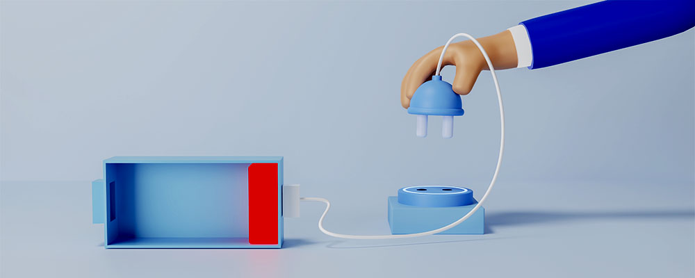ilustração 3D de um homem conectando o plug de um carregador de bateria à tomada