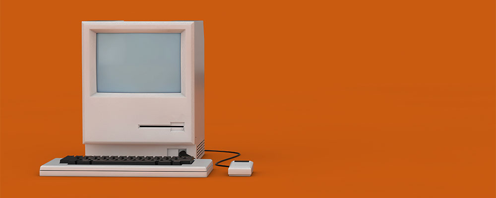 desenho 3D de um computador muito antigo em um fundo laranja para relembrar os antigos protetores de tela do Windows