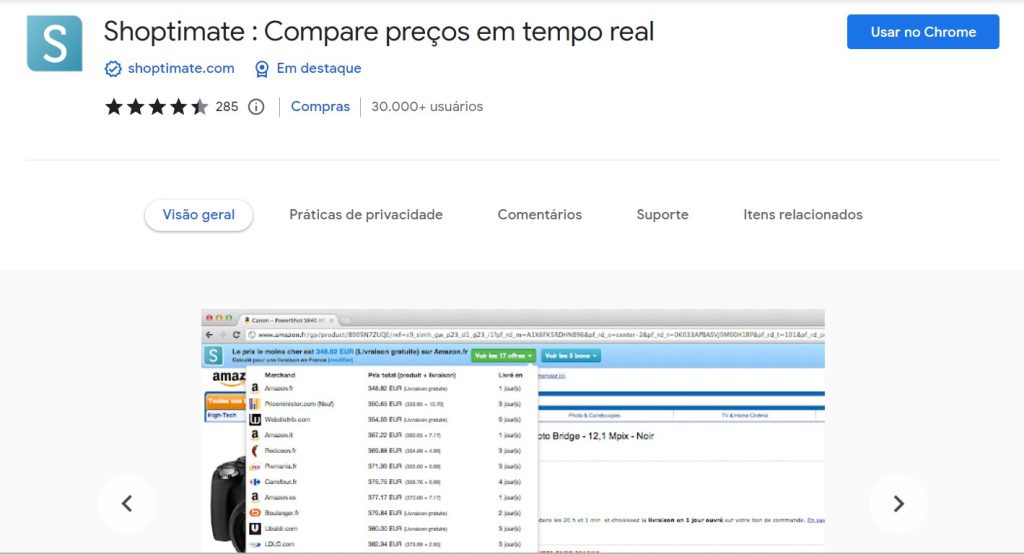 Shoptimate, extensão do Chrome