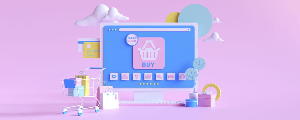 ilustração 3D de uma tela de computador com uma cestinha de compras no centro, indicando compras online