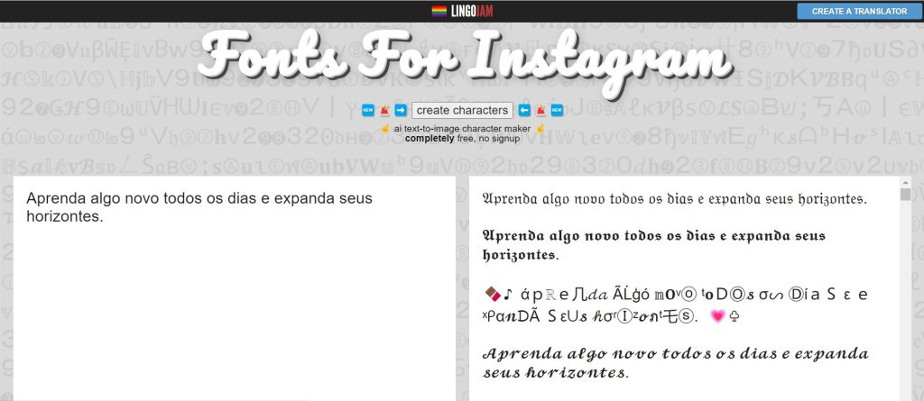 site de fontes Fonts For Instagram (LingoJam)