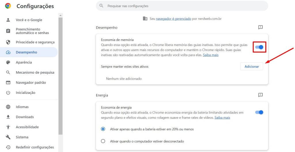 recurso de economia de memória RAM do Chrome