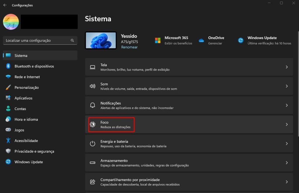 Como ativar o Modo Foco no Windows pelas configurações do sistema passo 3