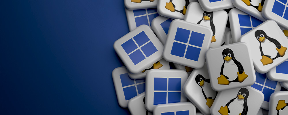 vários ícones do Windows e Linux sobrepostos em 3D