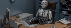 robô trabalhando em um escritório fazendo alusão ao ChatGPT