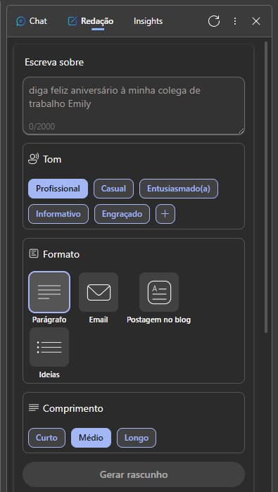 Modo Redação do ChatGPT no Microsoft Edge