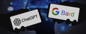 dois celulares com o ChatGPT e o Google Bard abertos