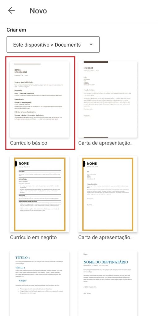 Como criar um currículo no celular usando o Word passo 2