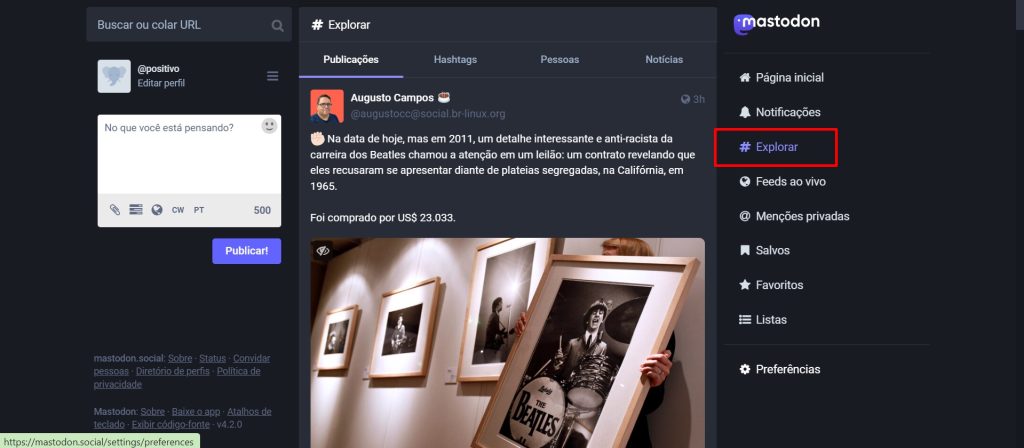 função explorar do Mastodon